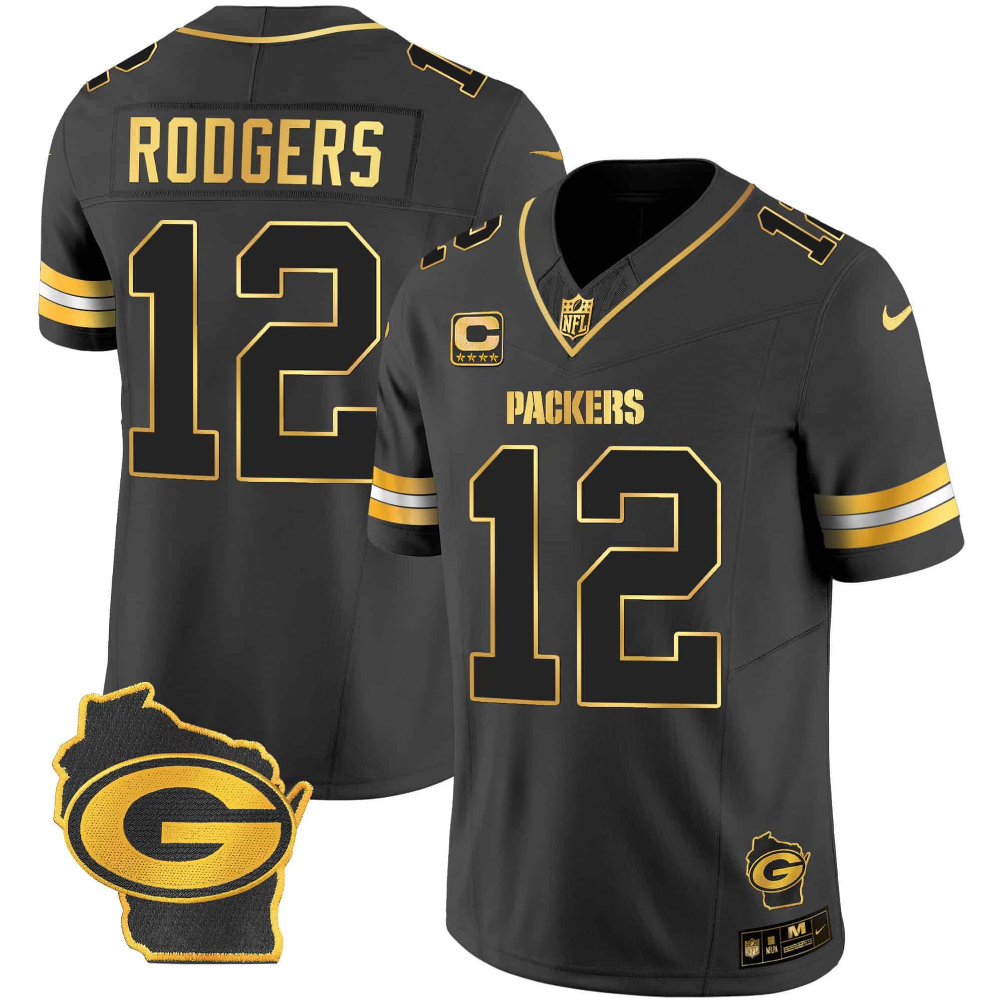 Men Green Bay Packers #12 Rodgers Black Gold 2024 Nike Home Patch Vapor NFL Jersey style 2
